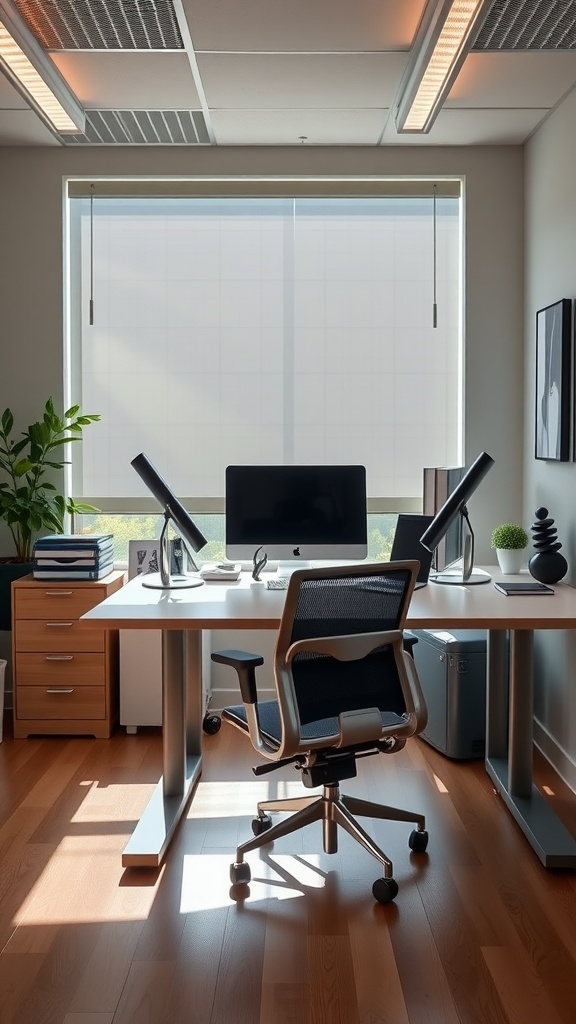A modern principal office setup featuring an ergonomic chair, a spacious desk, and natural lighting.