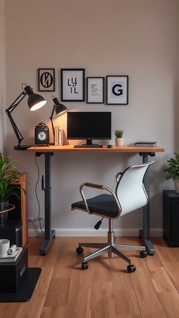 A modern home office with a standing desk, ergonomic chair, and stylish lamp.