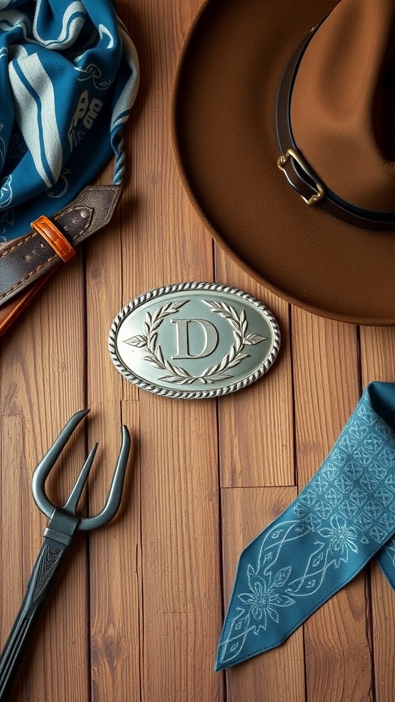 A collection of cowboy accessories including a brown hat, blue bandana, silver belt buckle, and a pitchfork, all set on a wooden surface.
