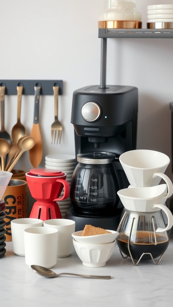 Coffee station with a coffee maker, cups, sugar bowl, and coffee filters.