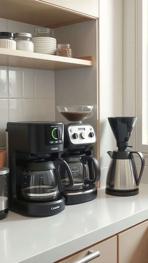 A coffee station in a kitchen featuring a coffee maker, grinder, pour-over brewer, and neatly arranged jars.
