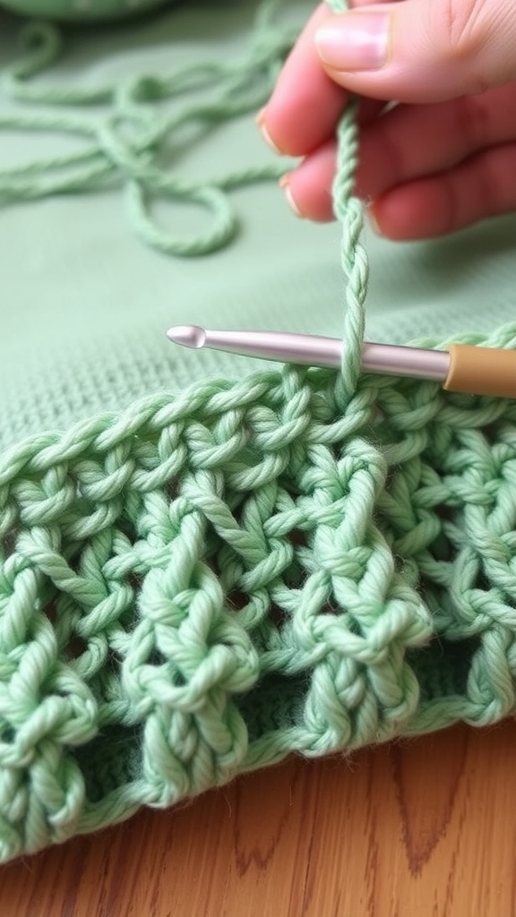 A close-up of a hand crocheting a green maxi skirt with a crochet hook.