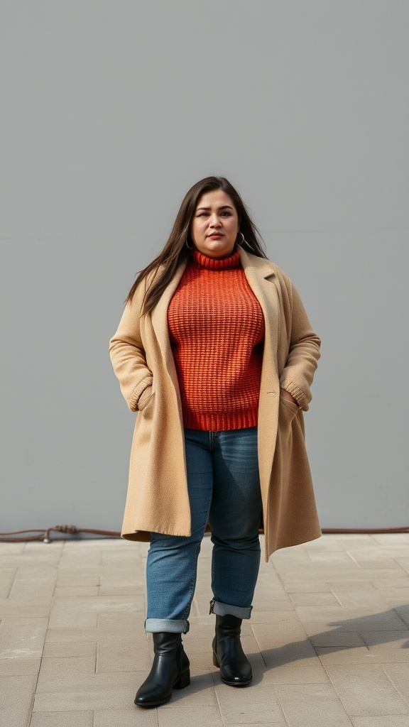 A plus size woman wearing a bright orange turtleneck under a beige coat, with relaxed-fit jeans and ankle boots.