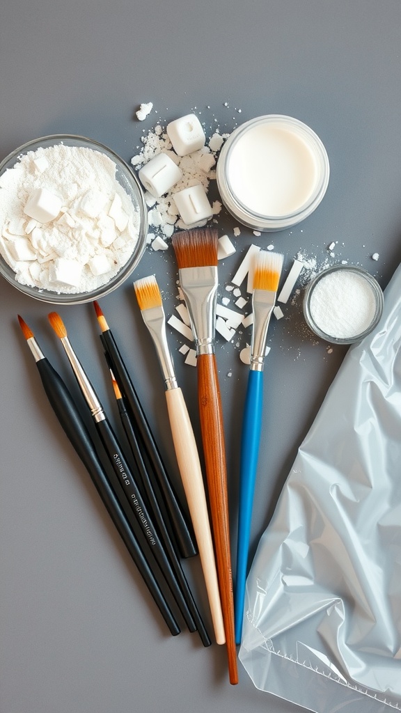 A collection of essential tools for acrylic nail creation, including brushes, powders, and containers.