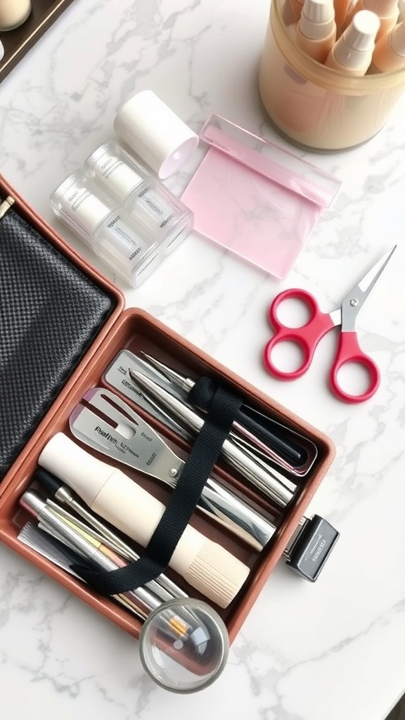 A neatly arranged nail care kit with tools and products for almond nail care, including scissors, nail files, and bottles of polish.