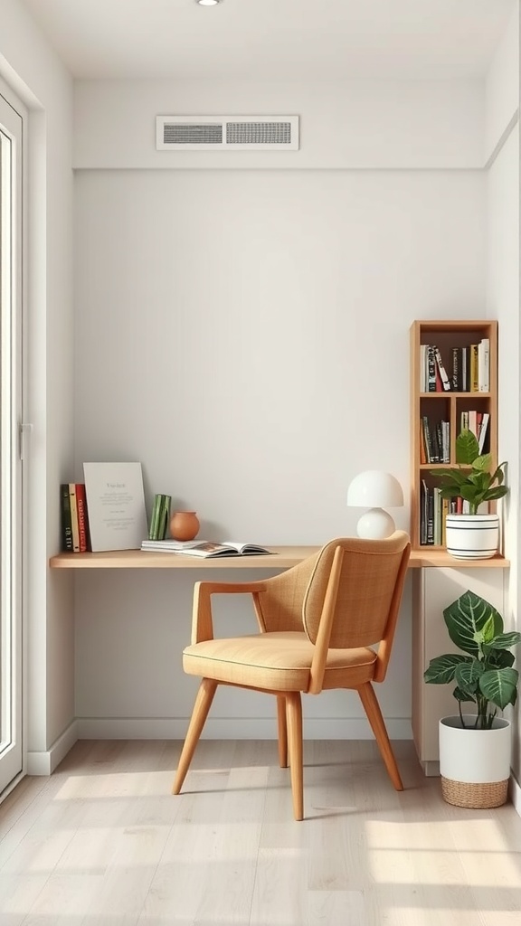 Cozy office with a reading nook featuring a wooden desk, a comfortable chair, and a bookshelf.