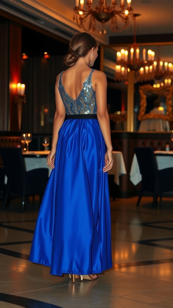 A woman wearing a blue maxi skirt and a sequined top, viewed from the back in an elegant dining setting.