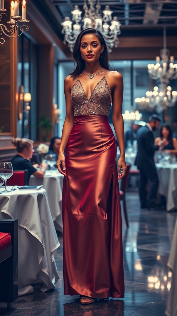 A woman wearing a rust-colored silk maxi skirt and a sequined halter top in an elegant dining setting.