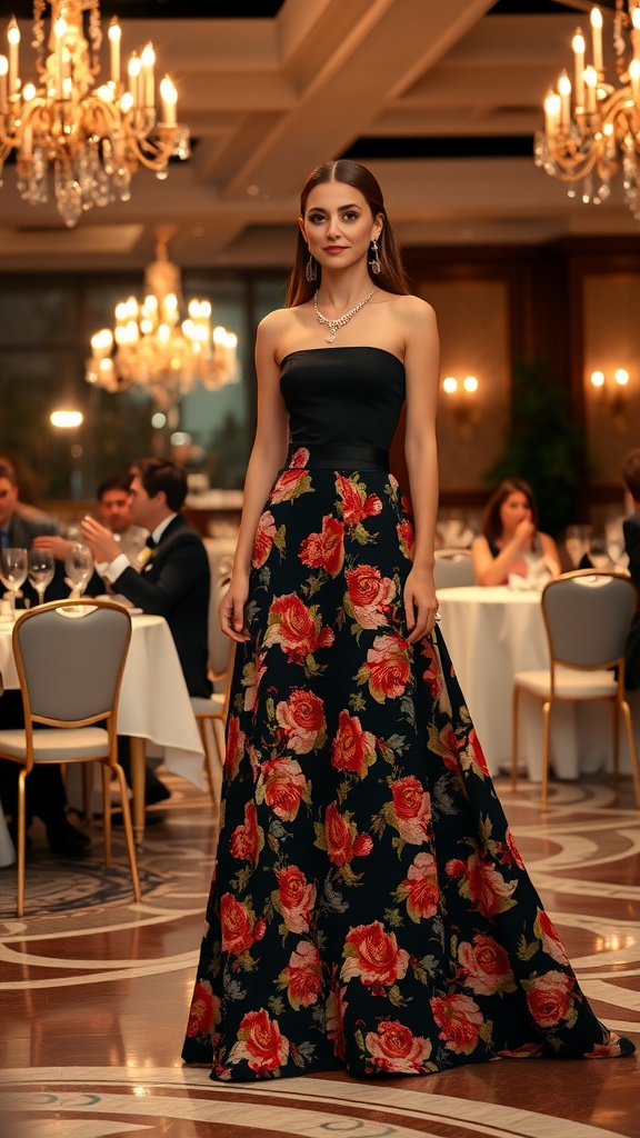 A woman in a floral maxi skirt and black top stands in a luxurious dining setting, surrounded by chandeliers and elegantly arranged tables.