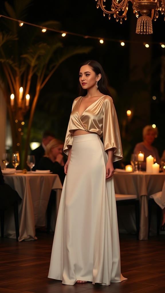 A woman wearing a white maxi skirt and a silk top at an evening event