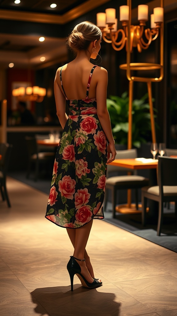 A woman wearing a floral skirt and heels in an elegant evening setting.