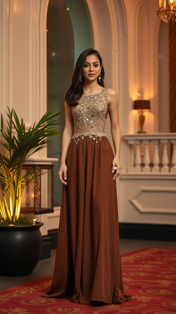 A woman wearing a brown maxi skirt with a sparkly top, standing elegantly in a stylish setting.