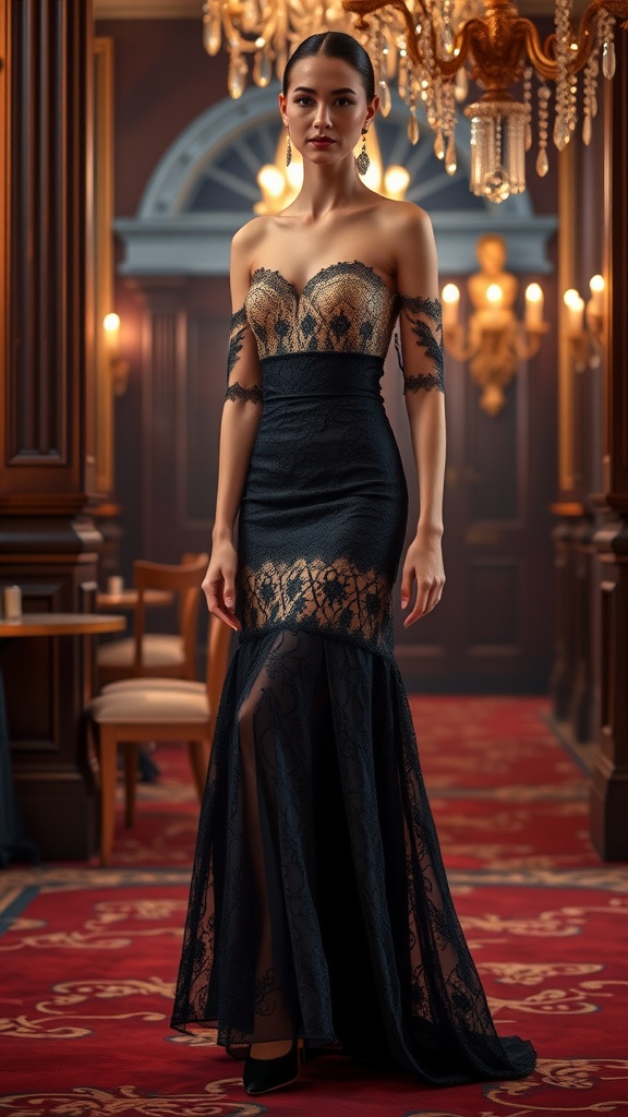 A woman in a lace maxi skirt standing in an elegant interior with chandeliers.