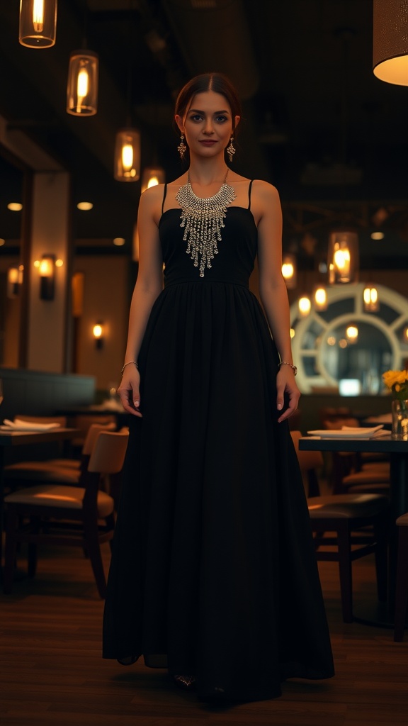 A woman wearing a black maxi dress with a statement necklace, posing in an elegant setting.