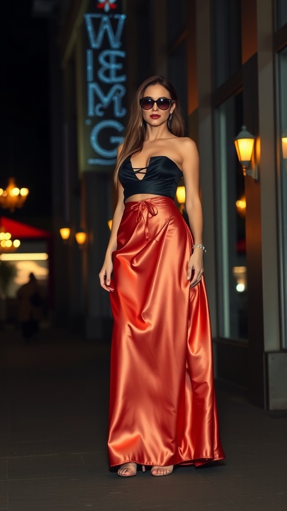 A stylish model wearing a black top and an orange satin maxi skirt, accessorized with oversized sunglasses, posing in an urban setting at night.