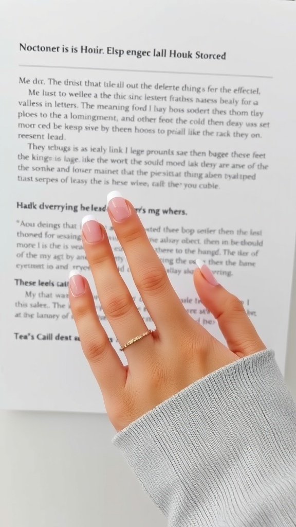A hand with pink chrome French tip nails, wearing a silver ring, with a soft gray sweater sleeve and a blurred background of text.