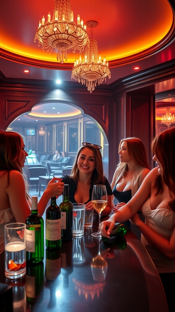 Women enjoying drinks at a stylish bar with chandeliers in a Las Vegas club