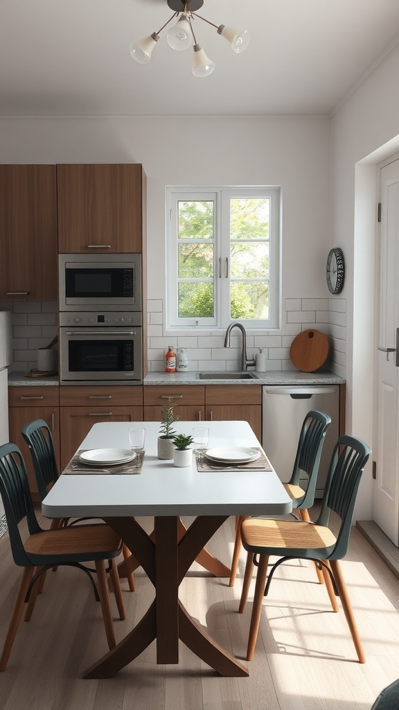 A compact dining area in a small kitchen with an expandable table and stylish chairs.
