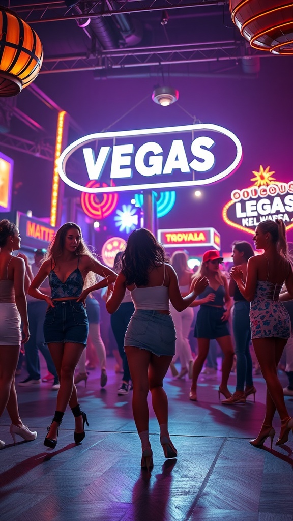 Women dancing in a vibrant Vegas club with neon lights.