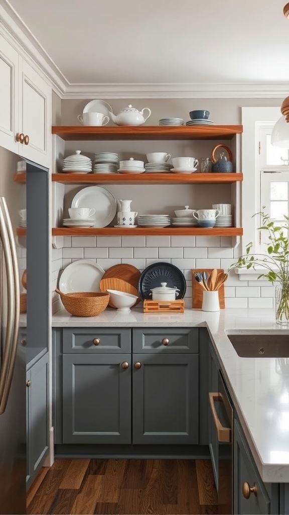 A kitchen corner featuring open shelving with neatly arranged white and blue dishware, complemented by gray cabinets and wooden shelves.