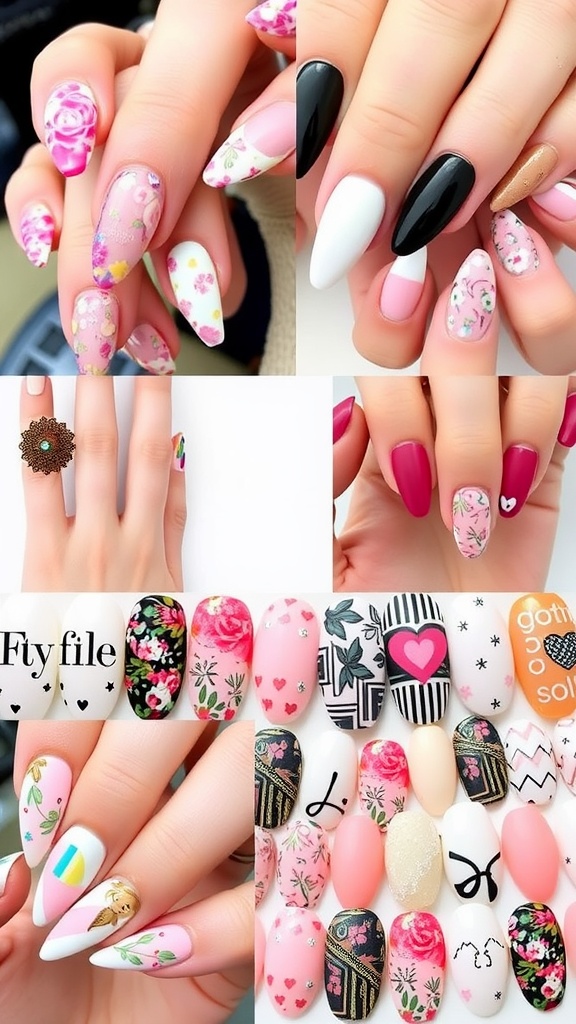 A collage of various acrylic nail designs featuring floral patterns, solid colors, and playful graphics.