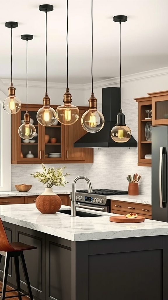 Stylish kitchen island with multiple pendant lights made of glass and metal, showcasing a modern design.