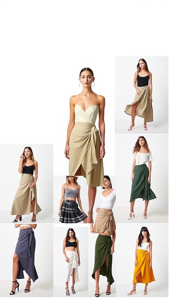 A collage of various wrap skirts in different styles and lengths, showcasing a variety of colors and designs.