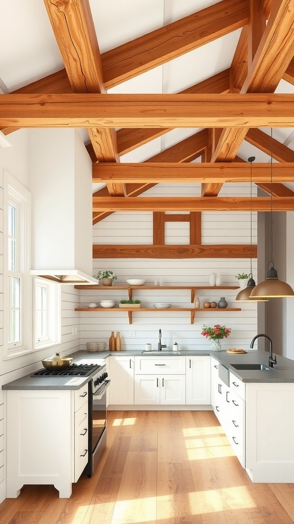 A vintage farmhouse kitchen showcasing exposed wooden beams and shiplap walls.