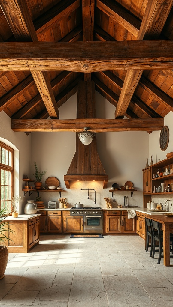 A rustic kitchen featuring exposed wooden beams, wooden cabinetry, and stone flooring.