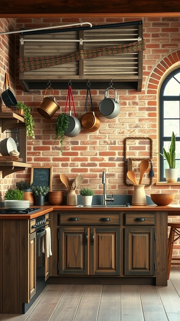 Rustic kitchen featuring exposed brick walls, wooden cabinets, and hanging pots.
