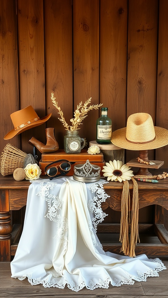 Display of western wedding accessories including hats, boots, floral elements, and a wedding dress fabric.