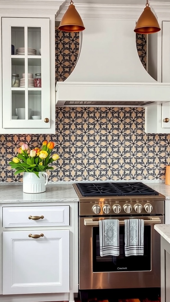 A farmhouse kitchen featuring a patterned backsplash, modern stove, white cabinetry, and fresh flowers.