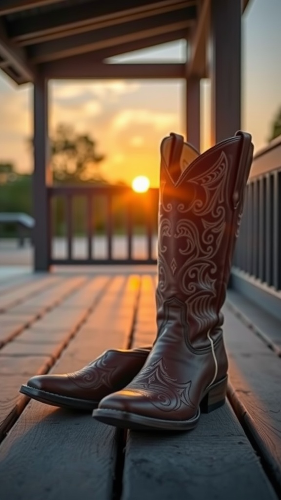 A pair of stylish brown cowboy boots with intricate designs, set against a sunset backdrop.