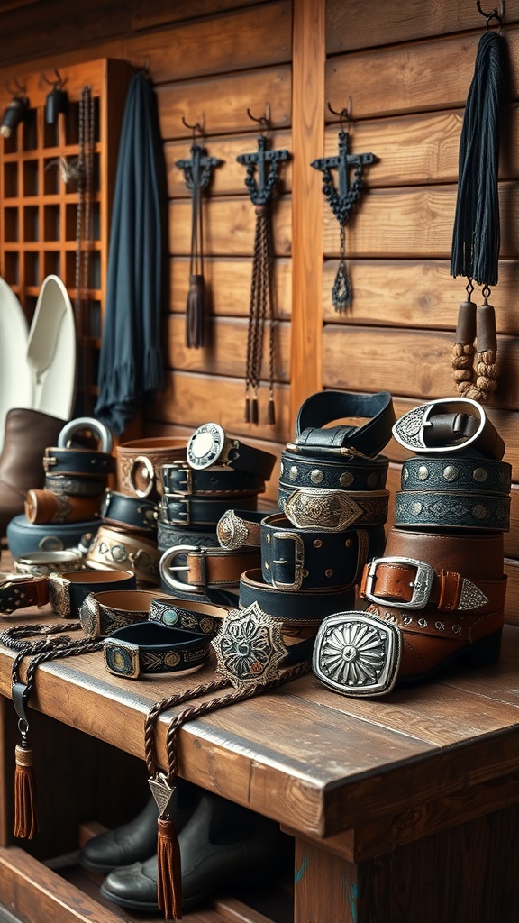 Table displaying a variety of western-style belts and accessories, emphasizing plus size fashion.