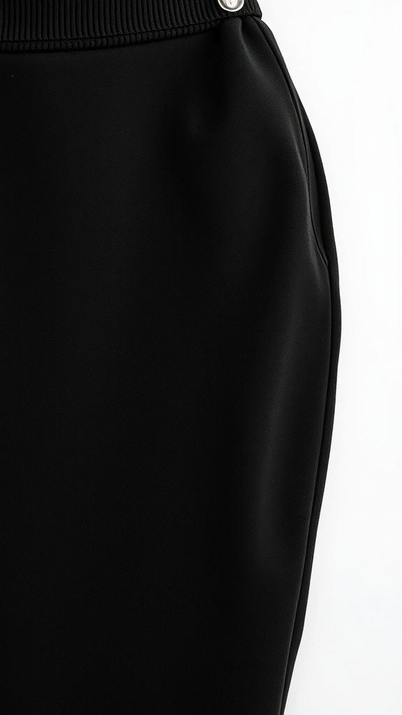 Close-up of a black pencil skirt showing fabric texture and details