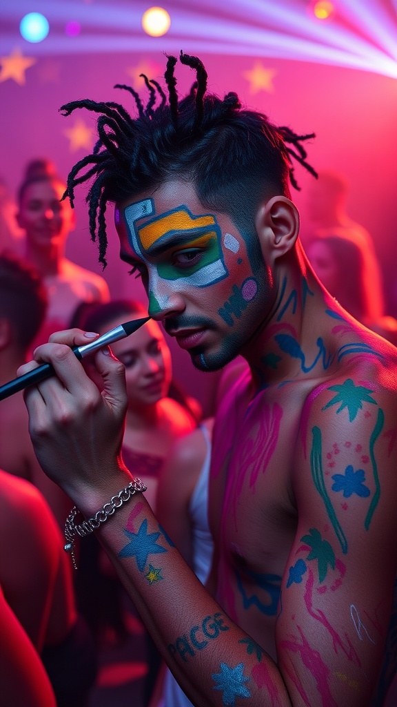 A person applying colorful face and body paint at a rave party, surrounded by friends.