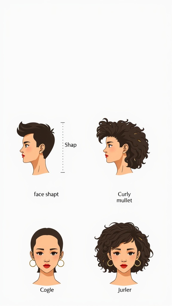 Illustration showing different face shapes that suit curly mullet hairstyles.