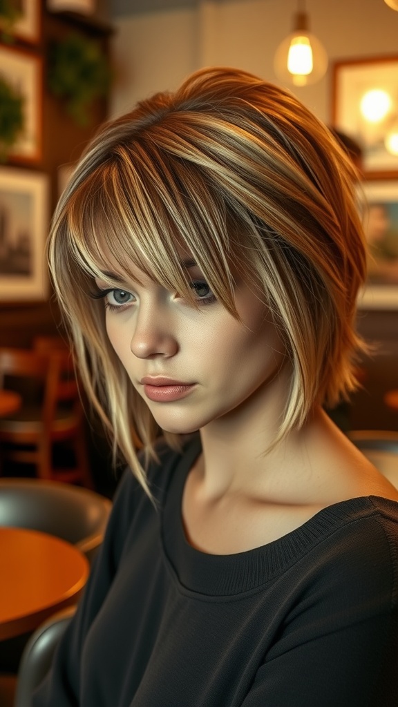 A woman with a faded mullet hairstyle, showcasing layers and subtle highlights.