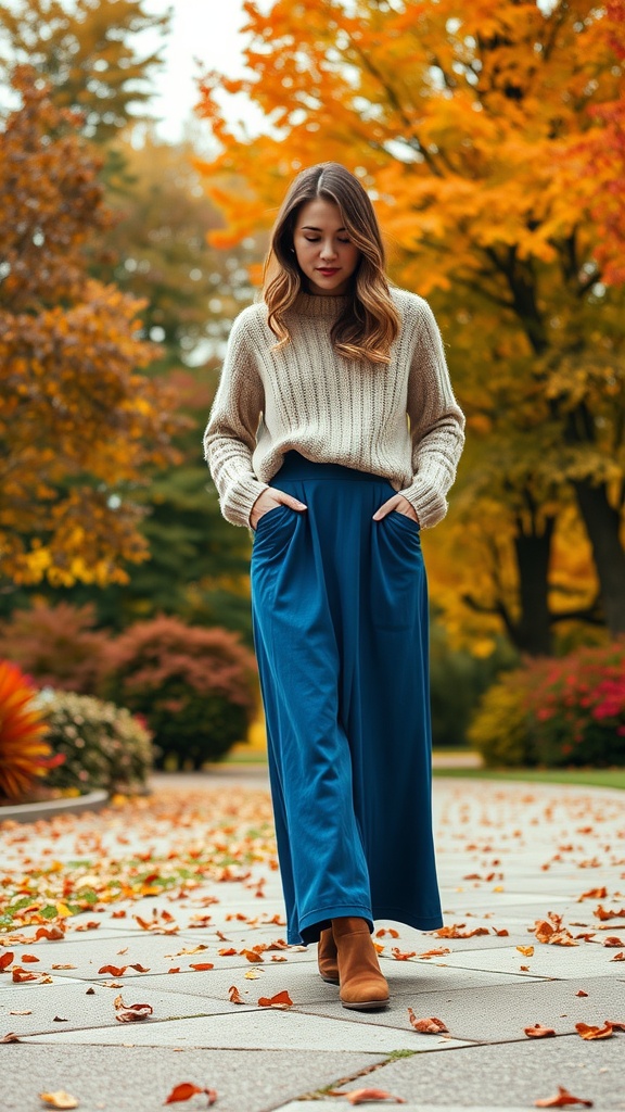 A woman wearing a cozy sweater and blue maxi skirt walking on a leaf-covered path in autumn.