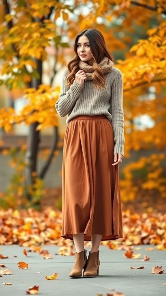 Woman in a brown maxi skirt and sweater, surrounded by autumn leaves
