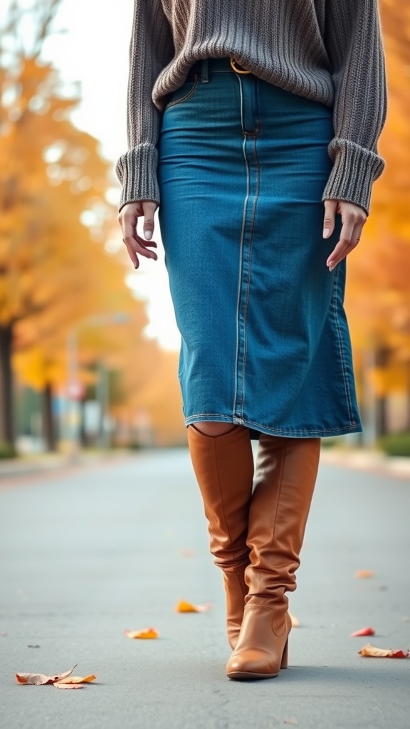 A woman wearing a chunky knit sweater, long denim skirt, and knee-high brown boots, walking on a street lined with autumn trees.