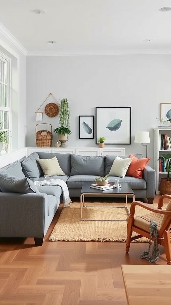 Cozy family-friendly living room with a grey sofa, decorative pillows, and a warm rug.
