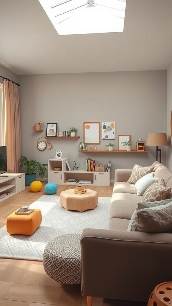 A bright and inviting family-friendly living room with a cozy couch, colorful poufs, and natural light.
