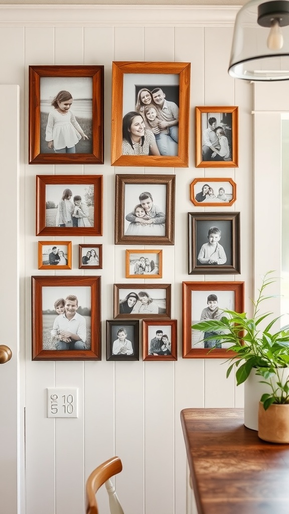 A wall filled with family photos in a farmhouse kitchen, showcasing various framed black-and-white images.