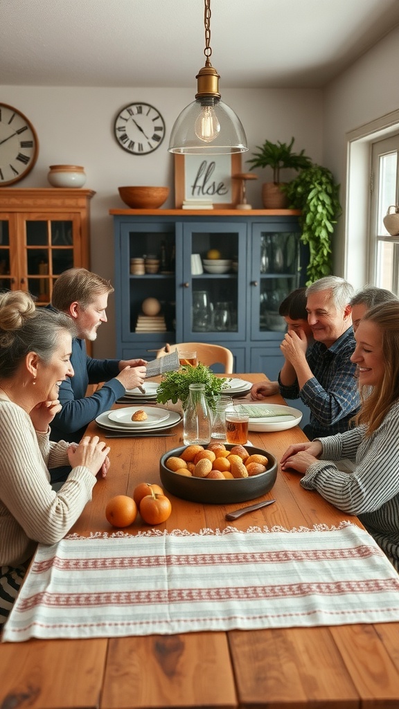 A family gathered around a kitchen table, enjoying a meal and each other's company.