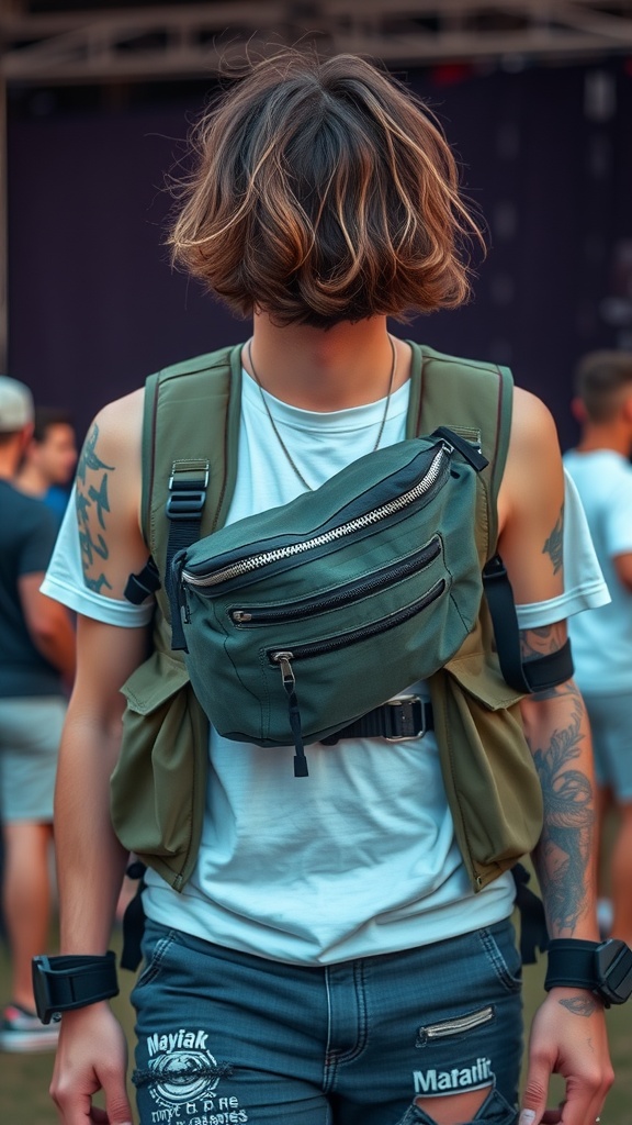 A person wearing a fanny pack and utility vest at a casual rave, showcasing a stylish and functional outfit.