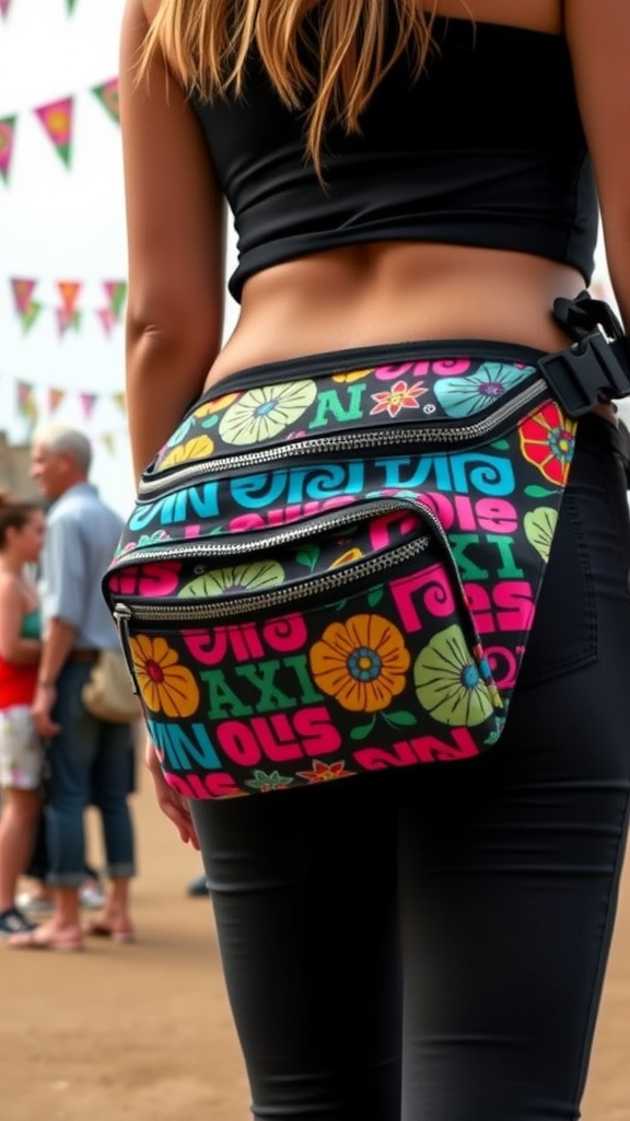 A person wearing a colorful fanny pack at a rave.
