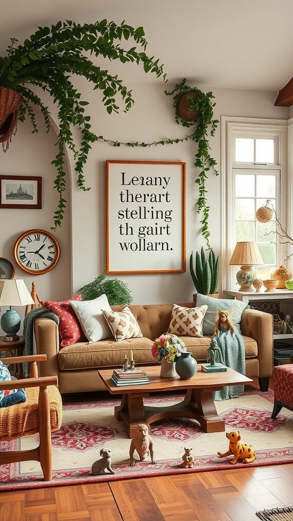 A cozy living room filled with whimsical decor, featuring a brown sofa, colorful pillows, playful figurines, and lush greenery.