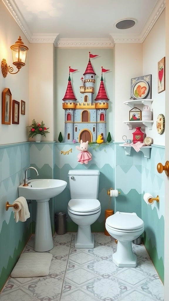 A kids' bathroom featuring a whimsical castle wall design, playful decorations, and modern fixtures.