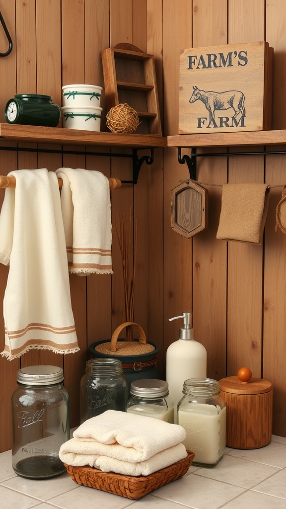 A rustic farmhouse bathroom featuring wooden shelves with decorative items, glass jars, and soft towels.
